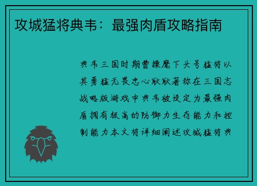 攻城猛将典韦：最强肉盾攻略指南