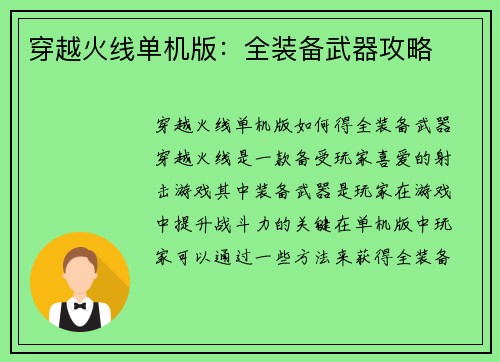 穿越火线单机版：全装备武器攻略